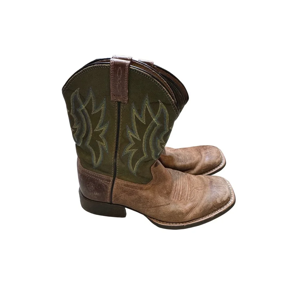 Ariat Kids Square‎ Toe Western Cowboy Boots Brown Green Stitching Pull-On size 4